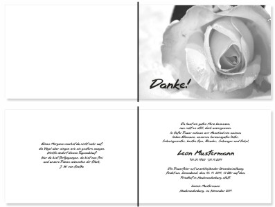 Weiße und rote Rosen, Rosenblüten. Persönliche Trauerdankeskarten nach Trauerfall, Beerdigung und Todesfall
