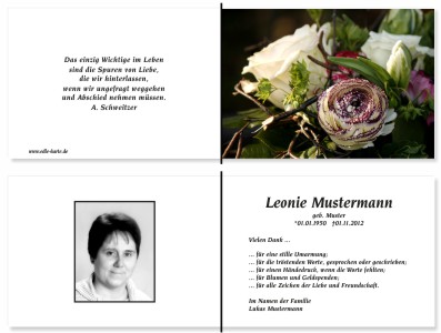 Weiße und rote Rosen, Rosenblüten. Persönliche Trauerdankeskarten nach Trauerfall, Beerdigung und Todesfall