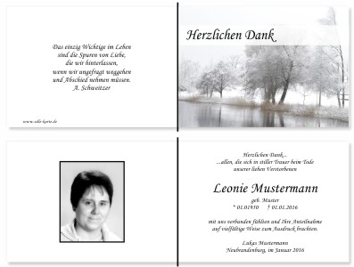 Winter, Winterlandschaft, Schnee. Persönliche Trauerdankeskarten nach Trauerfall, Beerdigung und Todesfall