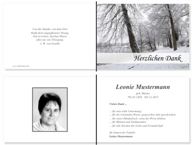 Winter, Winterlandschaft, Schnee. Persönliche Trauerdankeskarten nach Trauerfall, Beerdigung und Todesfall