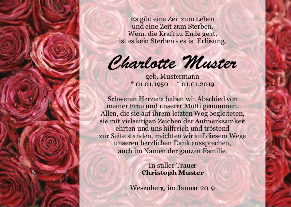 Danksagungen Trauer,