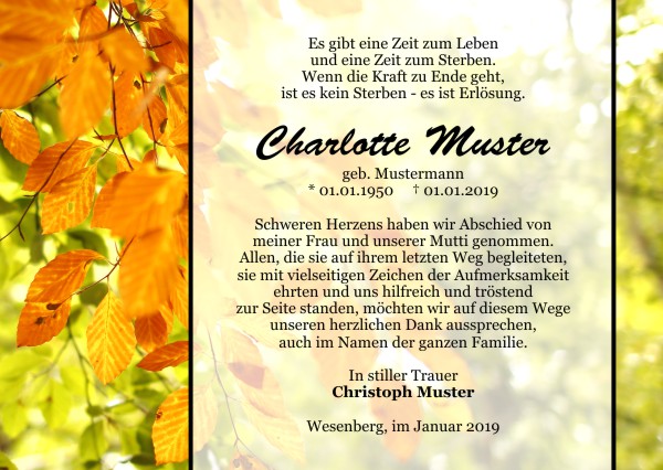 Danksagungen Trauer,