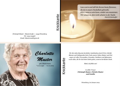 Kerzen, Kerzenschein, Kerzenlicht. Persönliche Trauerdankeskarten nach Trauerfall, Beerdigung und Todesfall