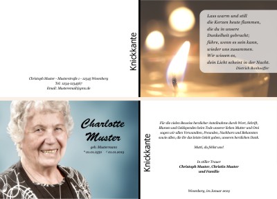 Kerzen, Kerzenschein, Kerzenlicht. Persönliche Trauerdankeskarten nach Trauerfall, Beerdigung und Todesfall